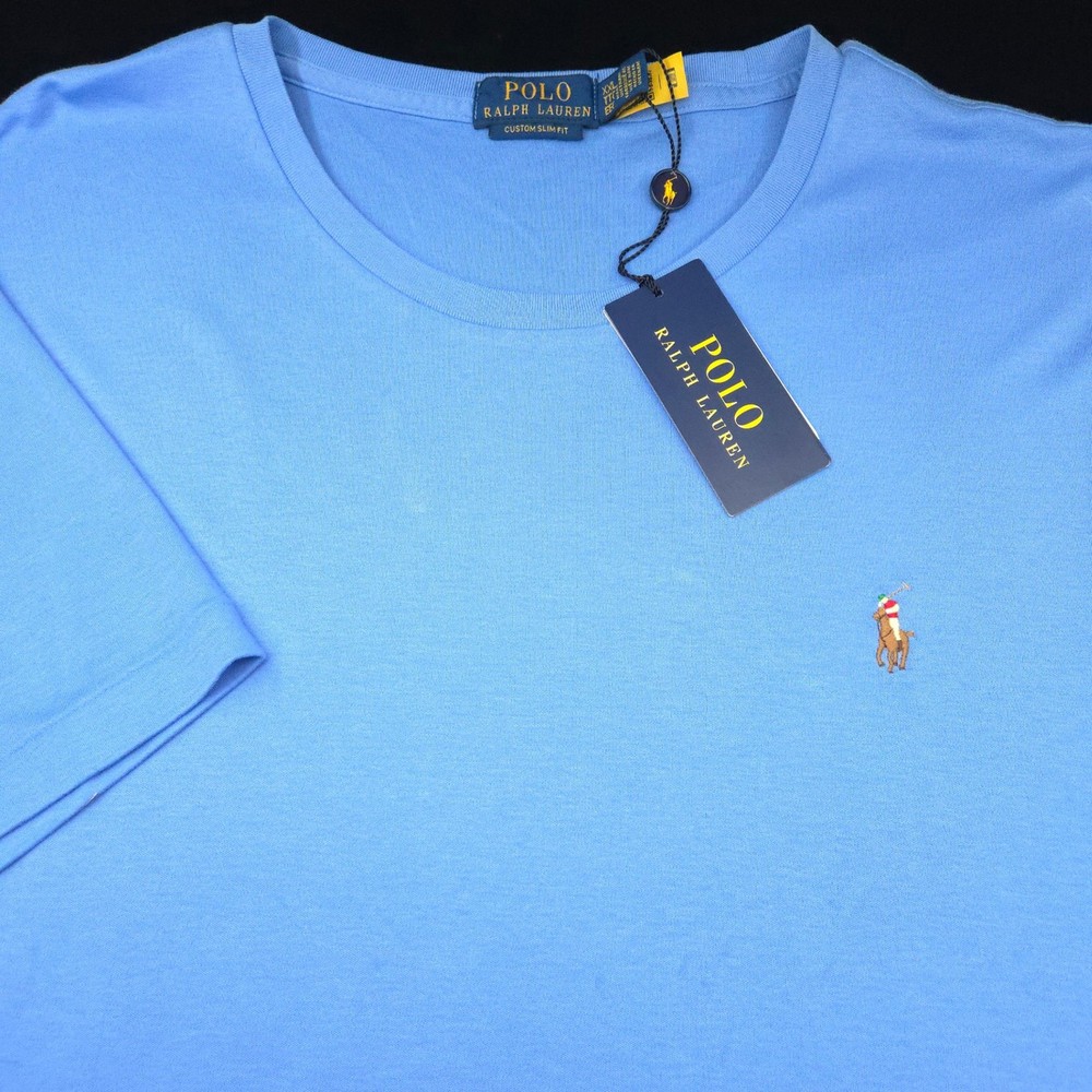 Polo Ralph Lauren T-Shirt Mens XXL Custom Slim Fit Blue Real Pony Crew Pima Soft