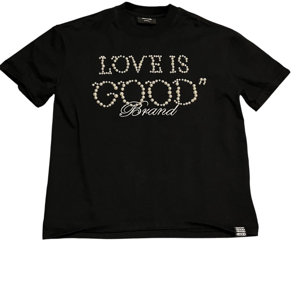 GOODBRAND “LOVE IS GOOD” 24SS Tee Mens Black Pearl Studded T-Shirt Size Large