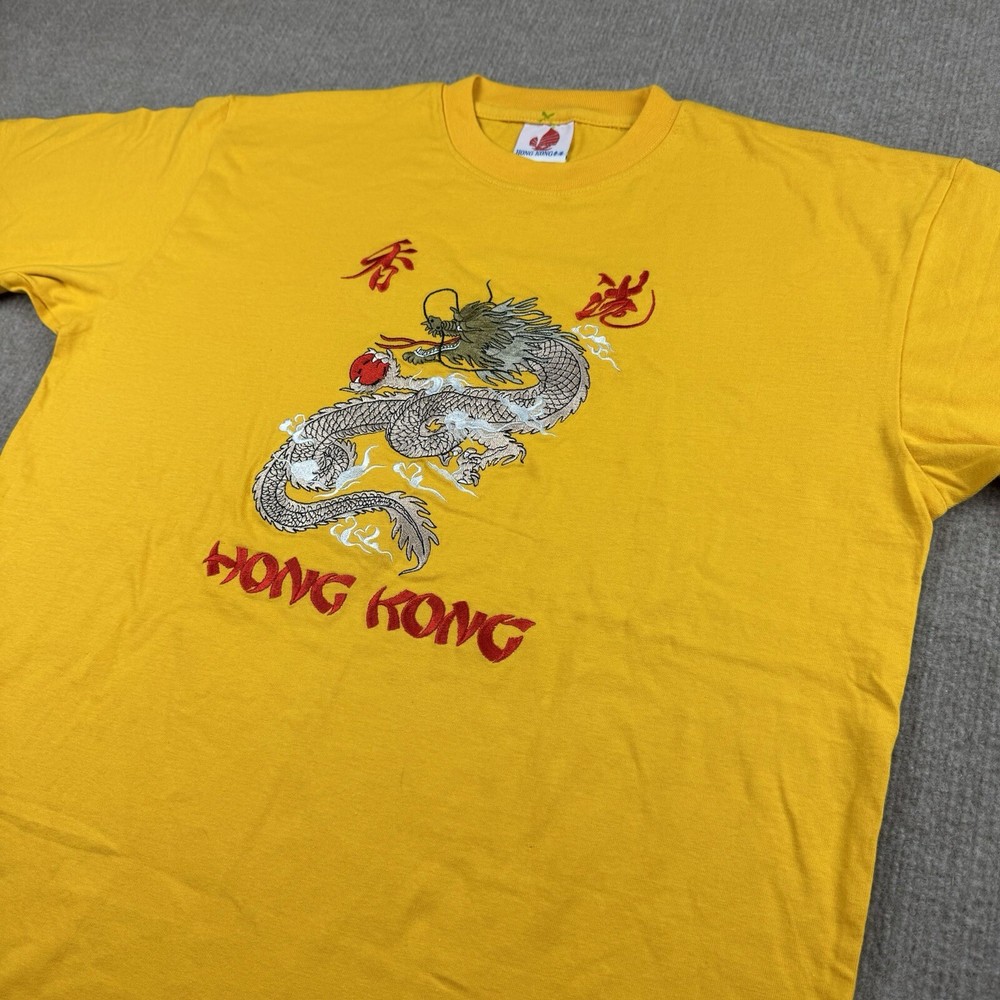 Hong Kong DRAGON Shirt Mens XL Stitched Chinese Character Yellow Embroidered Tee