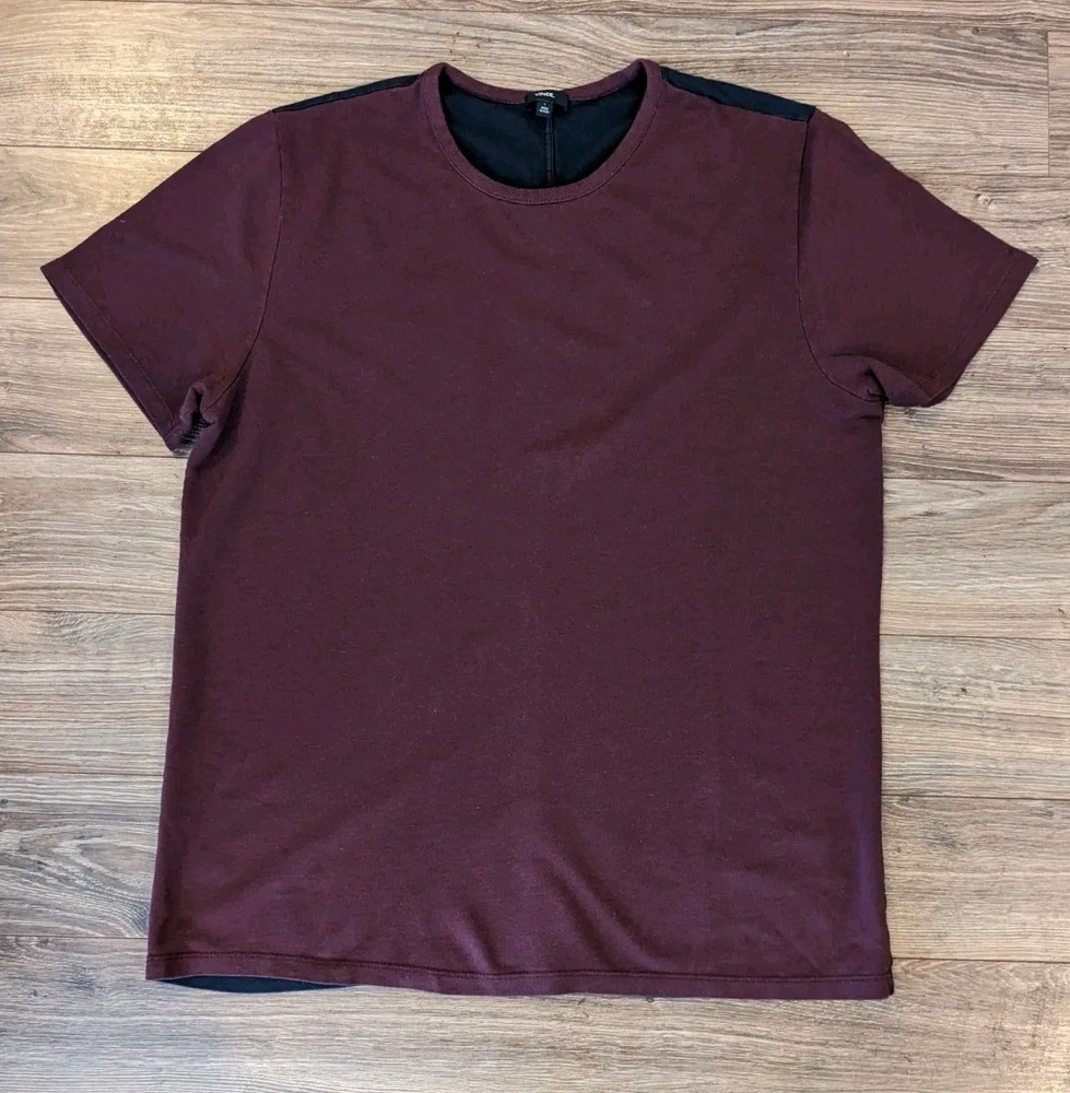 Vince T-Shirt Mens Burgundy Navy Colorblock SS Micro Ribbed Crewneck – L