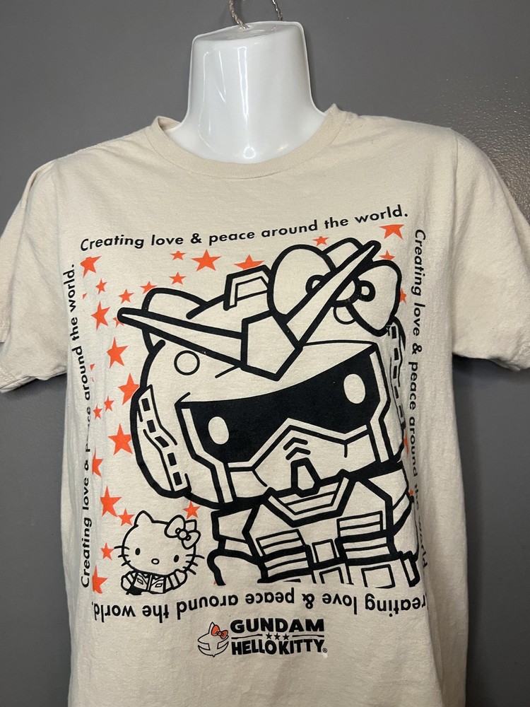 Gundam Hello Kitty Shirt Mens Small Beige Anime Graphic Tee Sanrio Robot