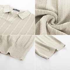 Mens V-Neck Knit Polo Shirt Textured Lightweight Breathable Summer Casual Top