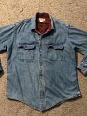 VTG L L Bean Lined Denim Shirt Blue Red Check Interior Large Made In USA