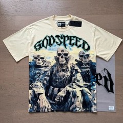 25/SS Godspeed Hip hop skeleton soldier print pattern Tee Washed Mens T-shirt