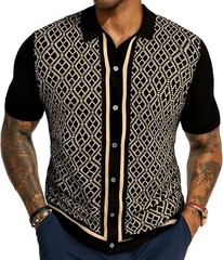 Men’s Vintage Knitted Polo Shirt 70s Style Contrast Color Short Sleeve Casual