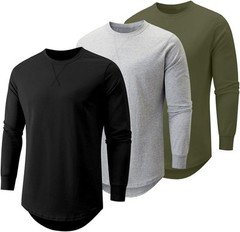 Mens 3 Pack Cotton Longline Crewneck T-Shirts Casual Hipster Fit Tee Set