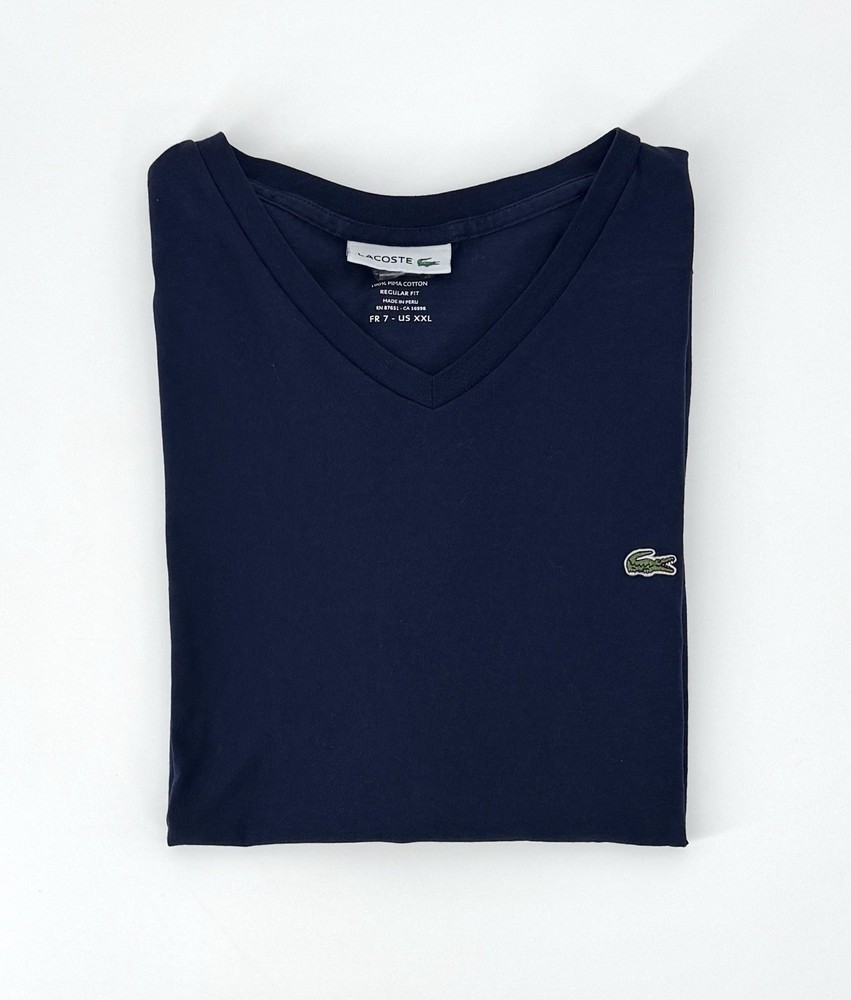 Men’s Classic Lacoste Pima Cotton Soft Feel V Neck T Shirt in Blue Size 7 / 2XL