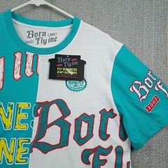 Born Fly Graphic Tee Mens Large Turquoise White Streetwear Split Panel Shirt NWT