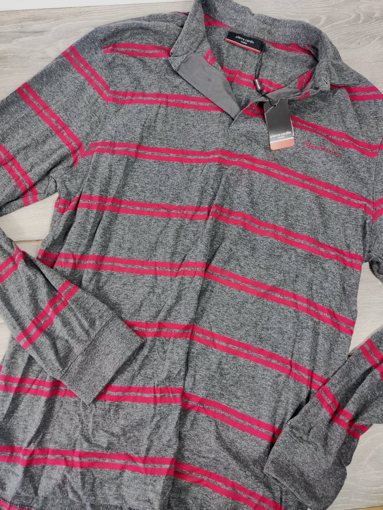 NEW PIERRE CARDIN Grey Red Mix Mens Polo T-Shirt Long Sleeve Top Size XL