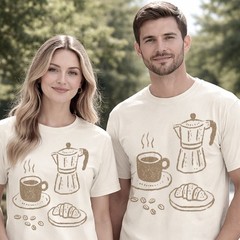 Coffee and Croissant Graphic Tee Hand-Drawn Sketch Art
