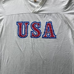 Vintage Medallion Shirt Mens XL White USA V-Neck 50/50 PolyCotton Graphic 90s