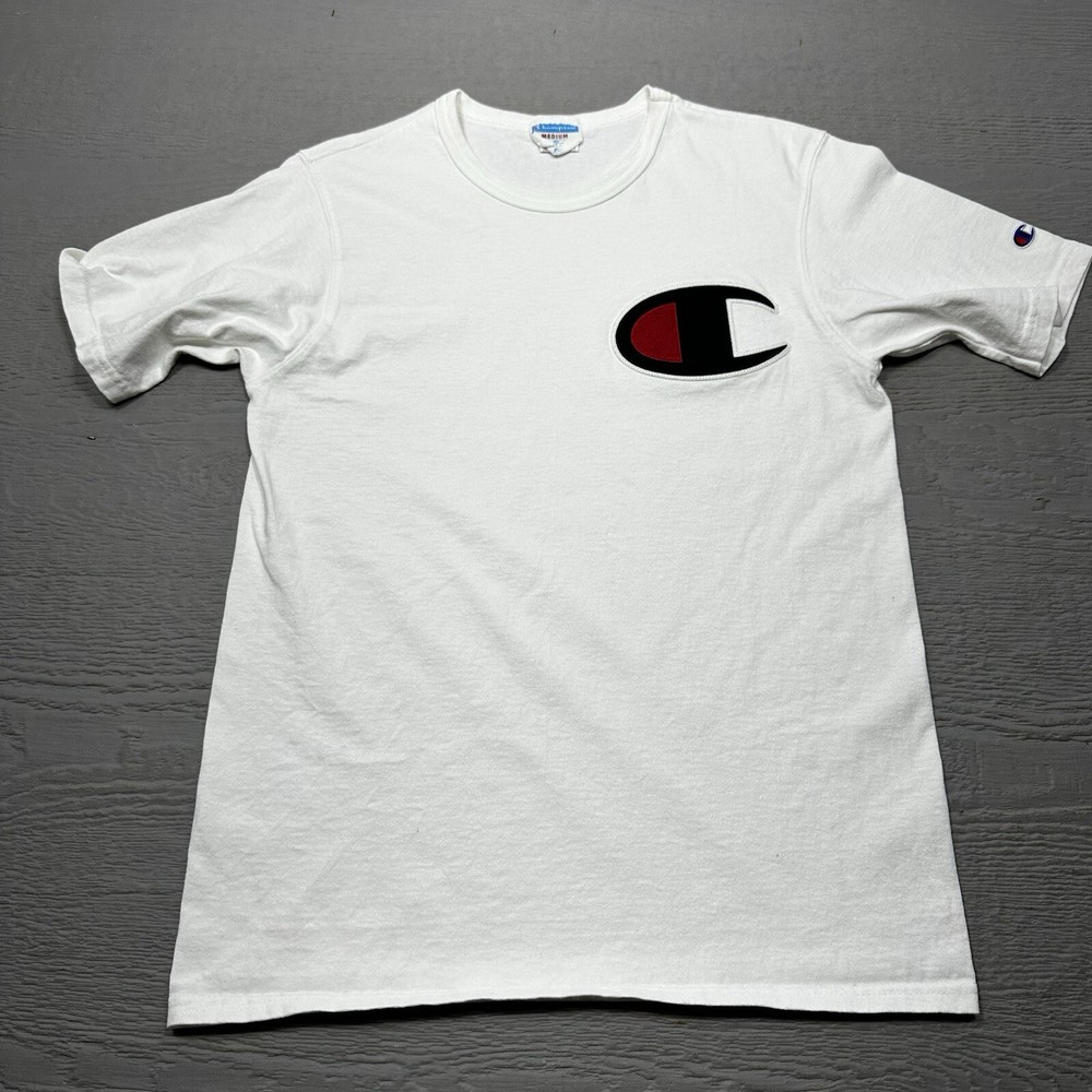 Champion Shirt Mens Medium White Patch Logo Cotton crew Neck Casual