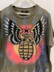 Christian Audigier T-Shirt L Olive Green Winged Grenade Rhinestone Y2K Foil #63