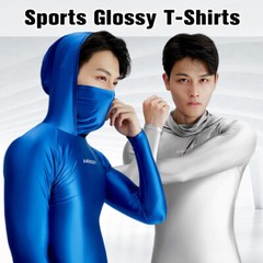 AMORESY Men Glossy Hooded T-shirt Sunscreen High Neck Long Sleeve Running Shirts