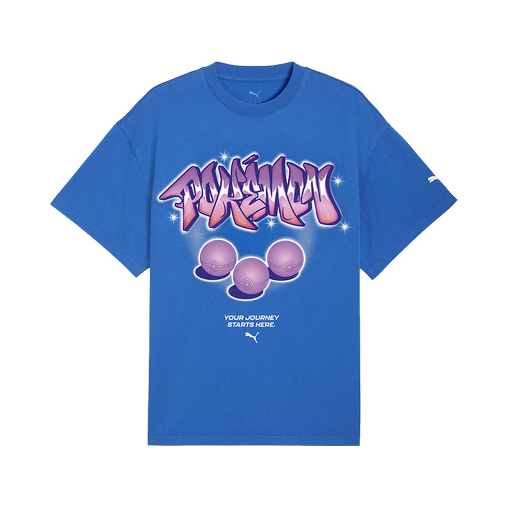 PUMA Pokemon X Hoops Tee Graphic Crew Neck Short Sleeve T-Shirt Mens Blue Casual