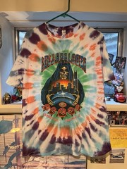 Lollapalooza 2025 multicolored tie dye shirt with list of the performers on back