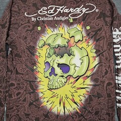 Ed Hardy Shirt Mens XL Brown Long Sleeve Tiger Skull Tattoo Graphic Tee Paisley