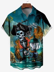 Mens Button Down Blue Pirate Skull Lantern Hawaiian Top Novelty Summer Shirt