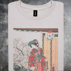 Geisha Kimono Artwork Shirt Japanese Floral Print Graphic Tshirt Gray