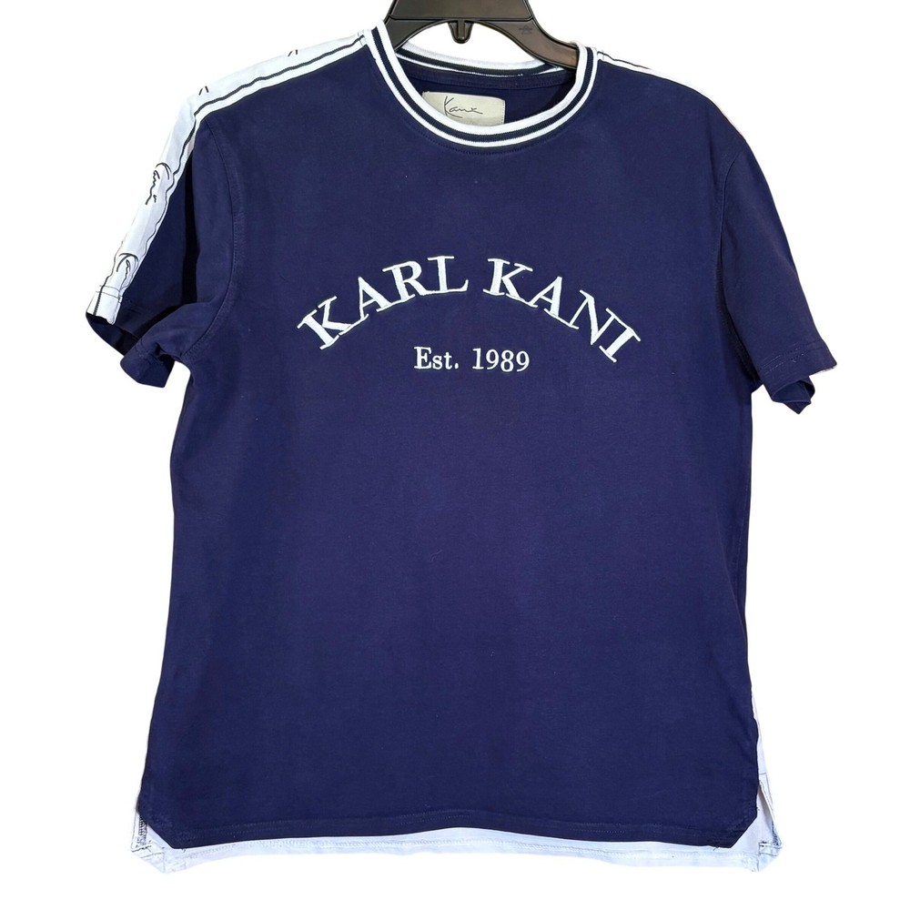 VTG Karl Kani Est. 1989 Mens T-Shirt Small Blue White Striped Trim Short Sleeve