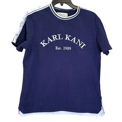 VTG Karl Kani Est. 1989 Mens T-Shirt Small Blue White Striped Trim Short Sleeve