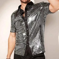 Men’s Silver Metallic Sequins Glitter Shirt Summer Breathable Sparkling Short Sl