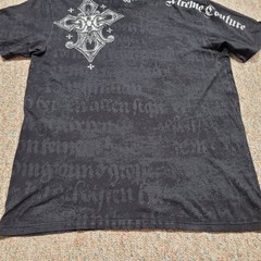 Xtreme Couture Shirt Mens 2XL Black All Over Print Cross Wings Tribal Grunge