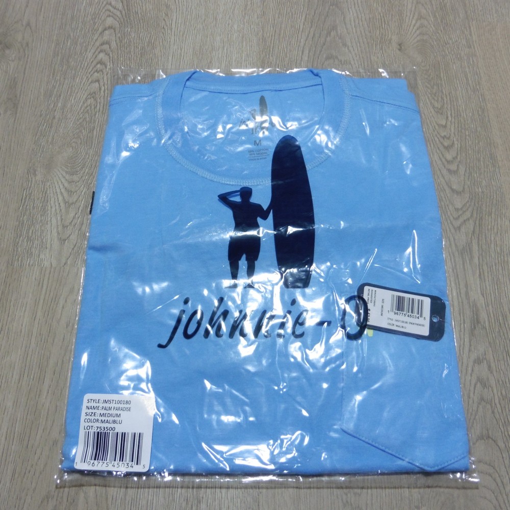 Johnnie-O Men’s Medium Palm Paradise T-Shirt Malibu Blue SS Crew Neck NWT