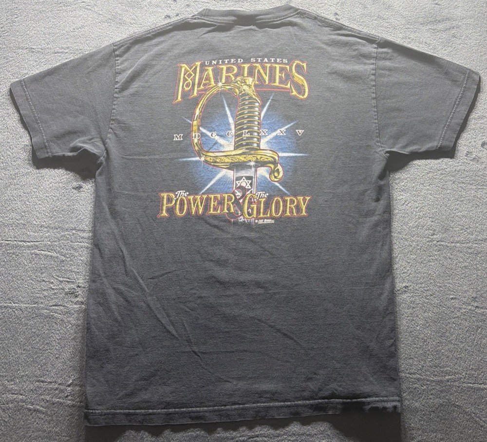 Vintage United States Marines The Power & The Glory Faded Black T-Shirt Sz. Lrg.