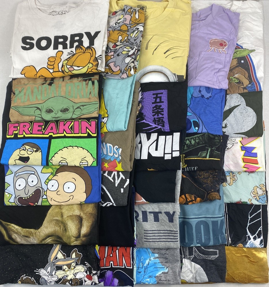 Wholesale Lot of 30 Cartoon/Anime Graphic Short Sleeve Tee Shirts(Sizes In Desc)