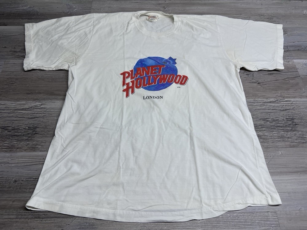 Vintage Planet Hollywood London England T-Shirt Size XL Faded White Graphic Tee