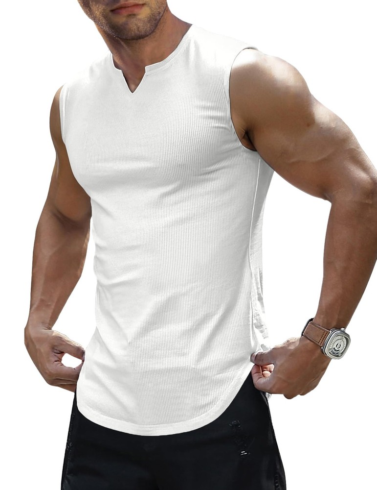 Mens Workout Tank Tops Summer Gym Muscle Ribbed Sleeveless Shirt Casual Knitt…