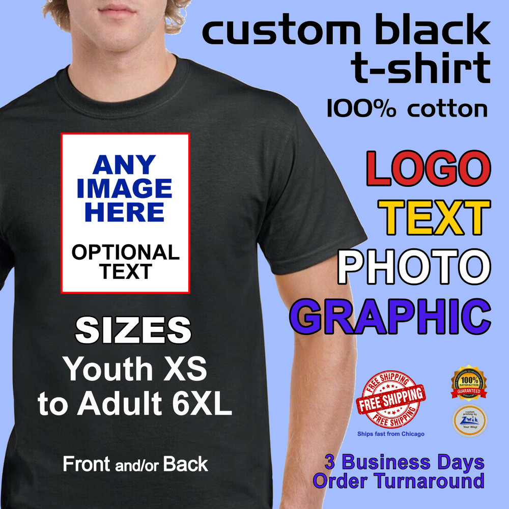 Zwik CUSTOM T-SHIRT Black, Logo Photo Text, Youth XS-XL / Adult S-6XL, Free Ship