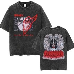 Anime Attack Titan Retro Wash Printed T-shirt Mikasa Ackerman Eren Jaeger Free W