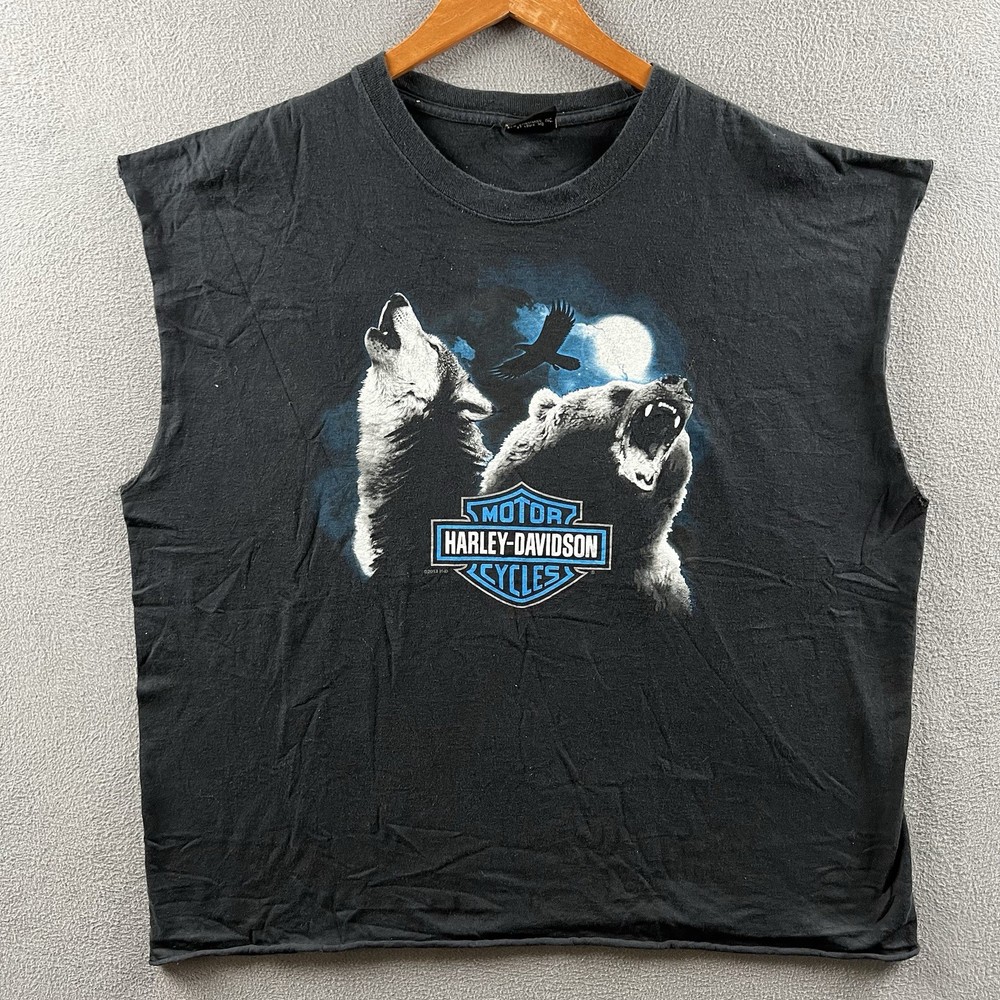 Vintage Harley Davidson Tank Top Mens 2XL Black Wolf Bear Sleeveless Cropped 90s