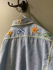 Vintage 70s Handmade Floral Embroidery Hippie Long Sleeve Shirt Blue M