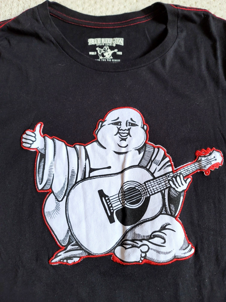 True Religion Black Tee Shirt Twill Sewn Buddha Guitar Logo Mens Medium