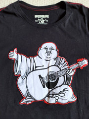 True Religion Black Tee Shirt Twill Sewn Buddha Guitar Logo Mens Medium