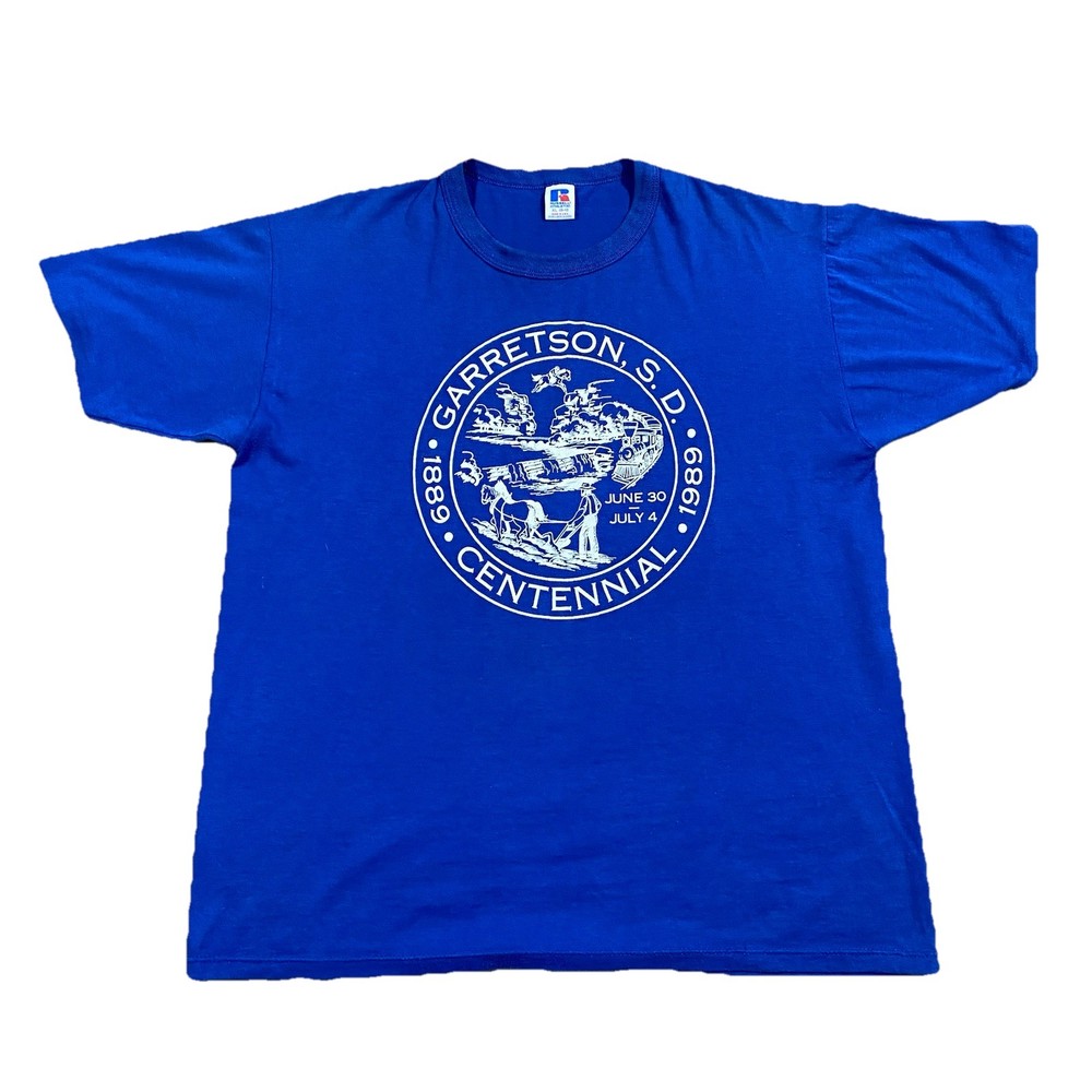 VTG 1989 Garretson SD Centennial T-Shirt XL Russell Athletic USA Blue