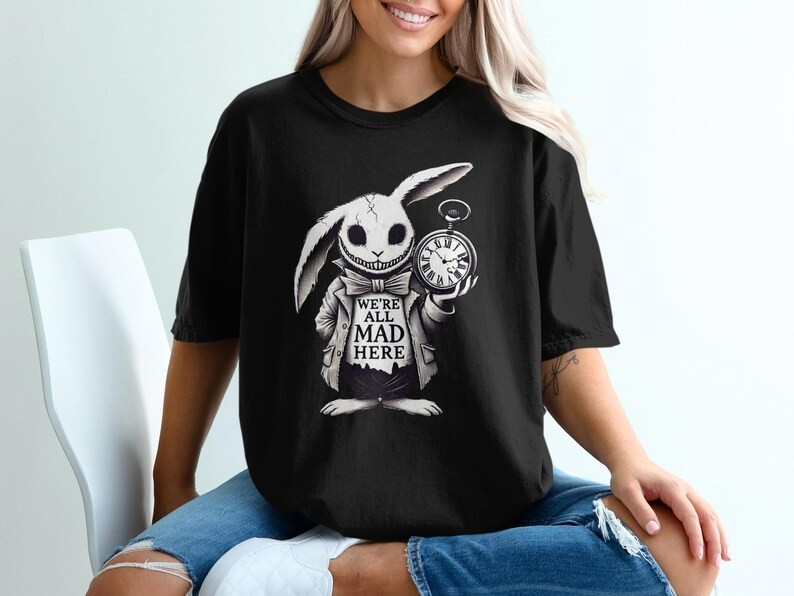 Alice in Wonderland T-Shirt: We’re All Mad Here – White Rabbit Graphic Tee