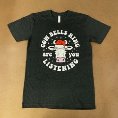 LAT Adult Size Small Charcoal Gray Cow Bells Ring Are You Listening Holiday Tee