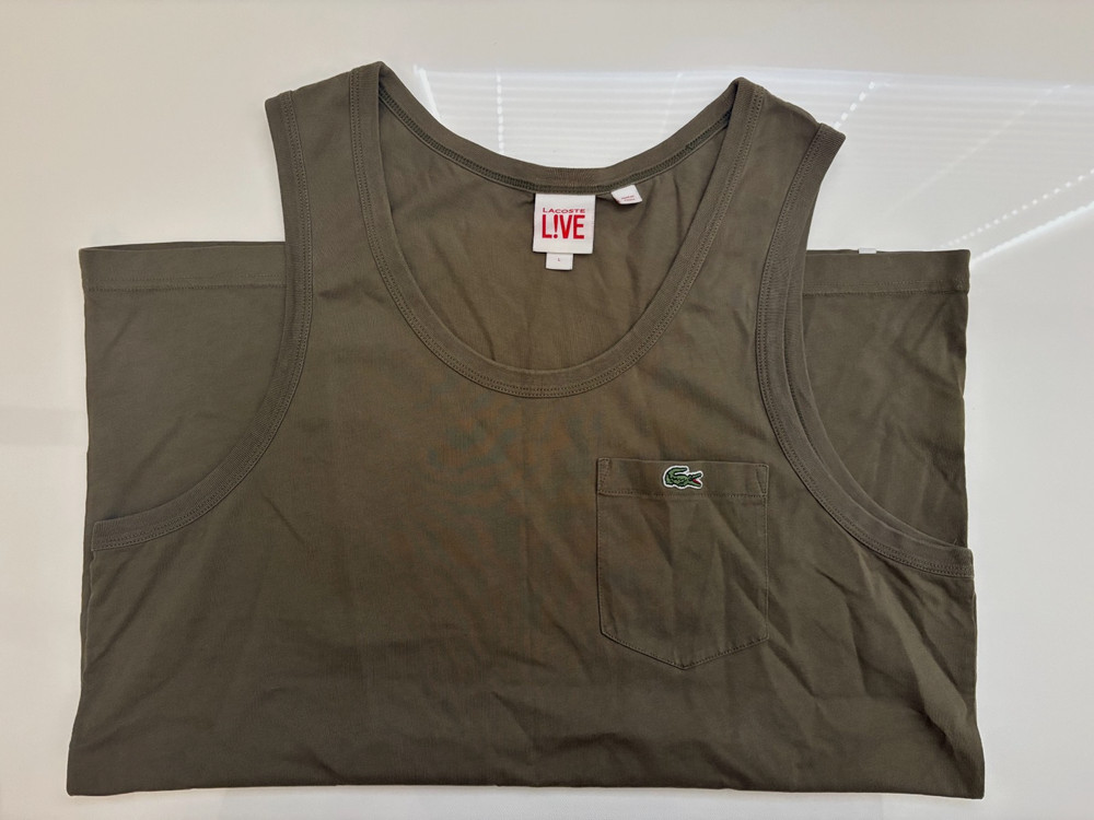 Lacoste LIVE Men’s Tank Top Olive Green Chest Pocket Croc Logo Size L Cotton