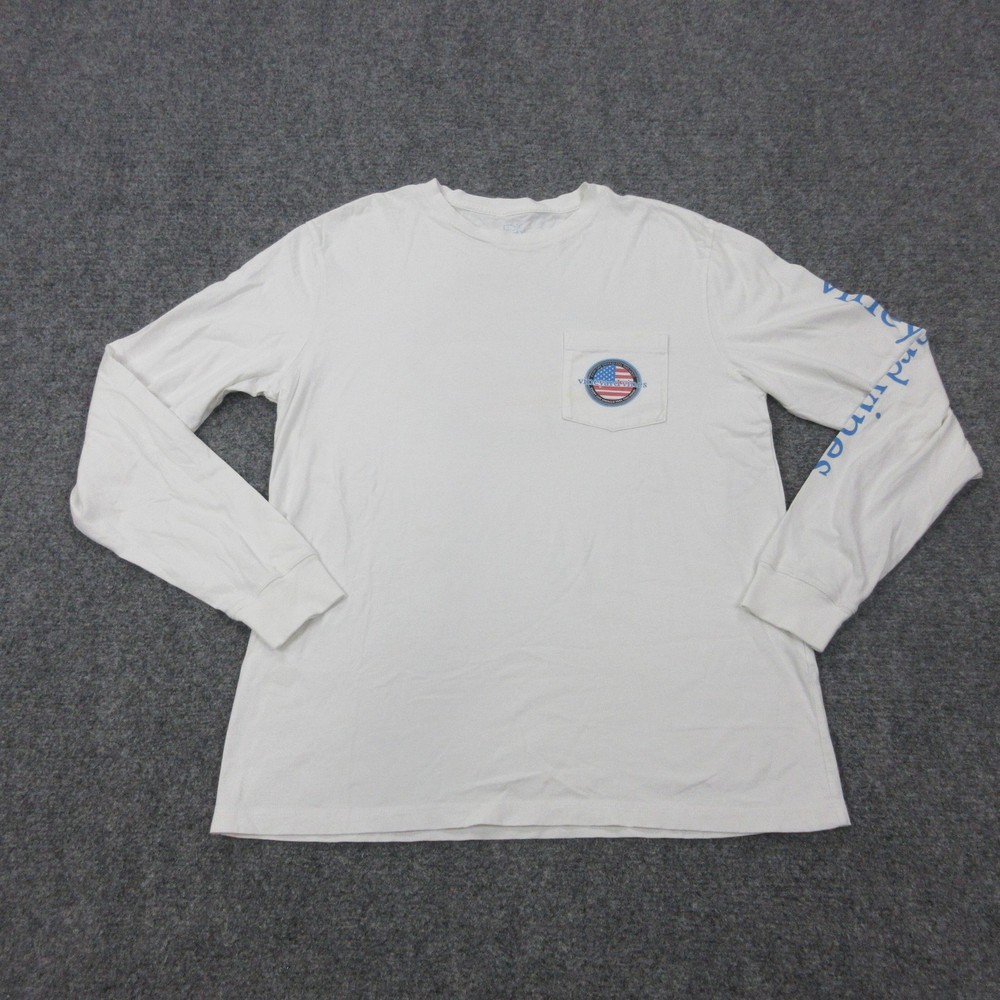 Vineyard Vines Shirt Mens Small White Long Sleeve Flag Graphic Pocket Tee USA
