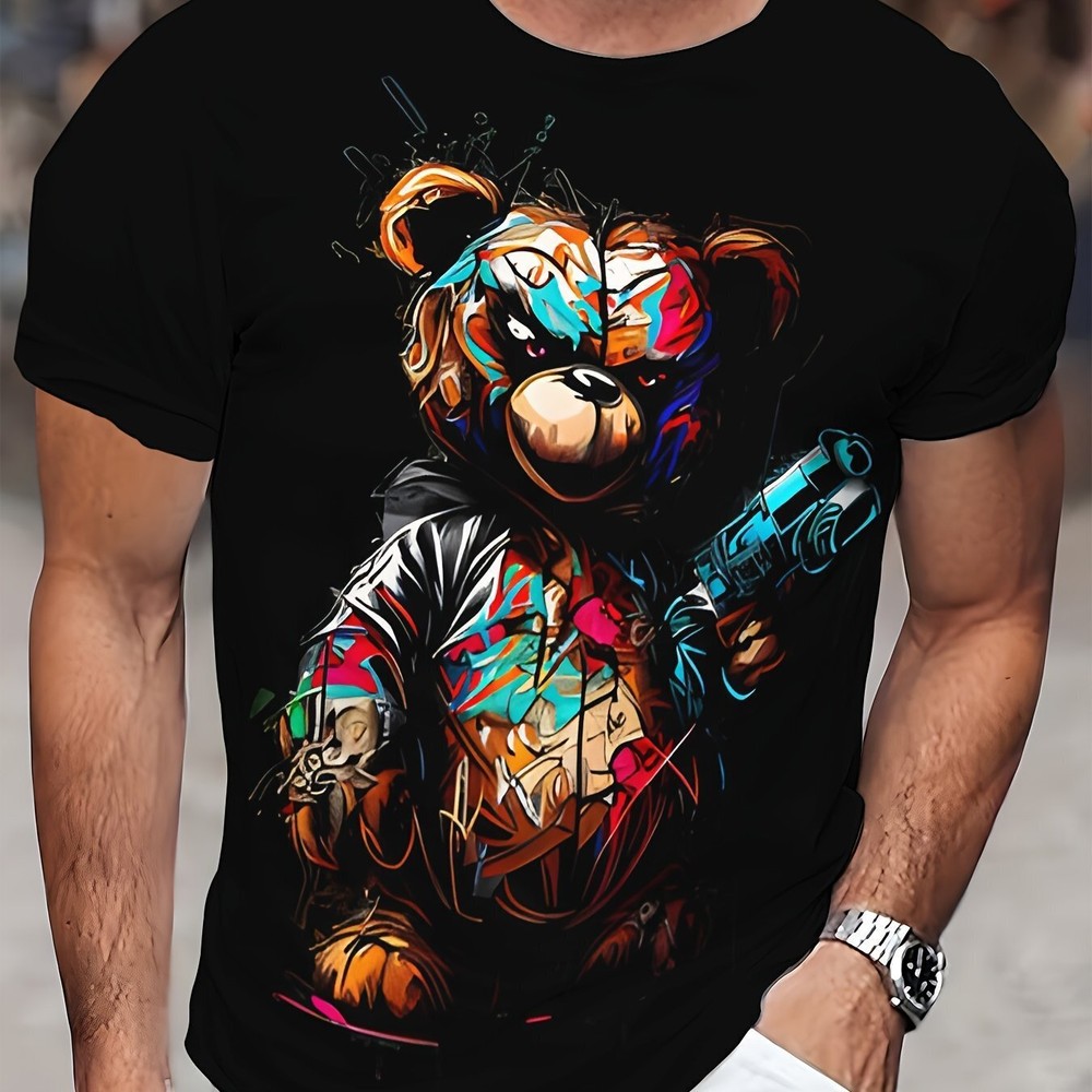 Men’s Casual Short Sleeved T-shirt, Unique Bear Print – Soft Polyester Fiber, Ma