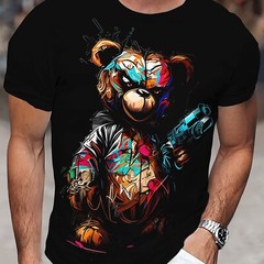 Men’s Casual Short Sleeved T-shirt, Unique Bear Print – Soft Polyester Fiber, Ma