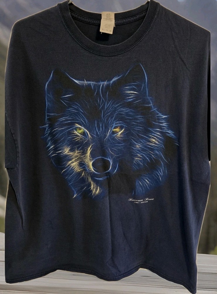 Wolf Graphic T Shirt Mens XL Navy Neon Eyes Koocanusa Resort Montana Tee Nature