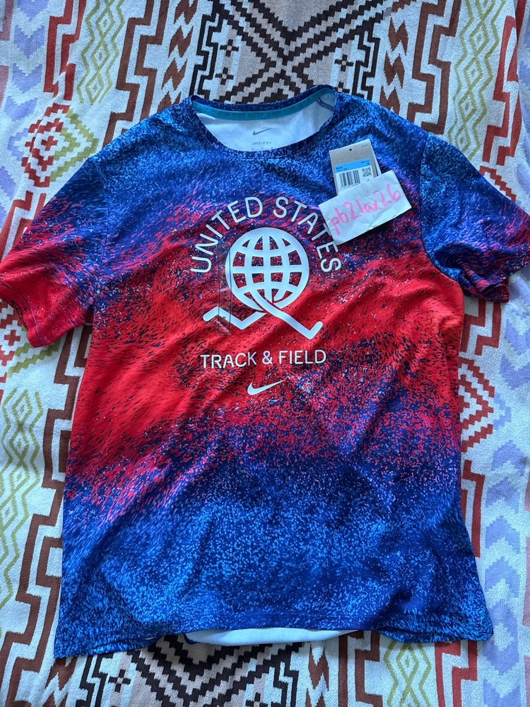 Men Nike USA Miler DRI-FIT Short Sleeve Running Shirt Red White Blue FJ3411 635