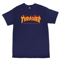 Thrasher Magazine FLAMES LOGO Skateboard T Shirt NAVY