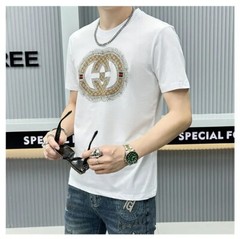 New Men Luxury Diamond Rhinestones Black White T-Shirt High Quality