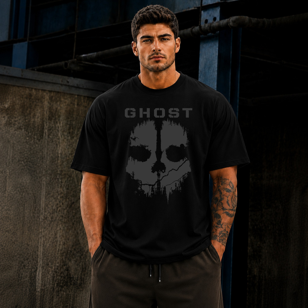 Ghost Skull Graphic Oversized T-Shirt Streetwear Unisex Heavy Cotton Gamers Tee